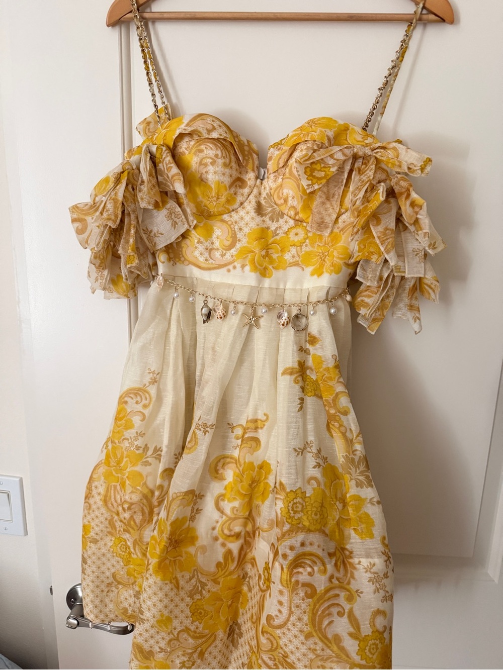 Zimmermann Postcard Yellow and Cream Floral Ruffle Strap Dress au size 1